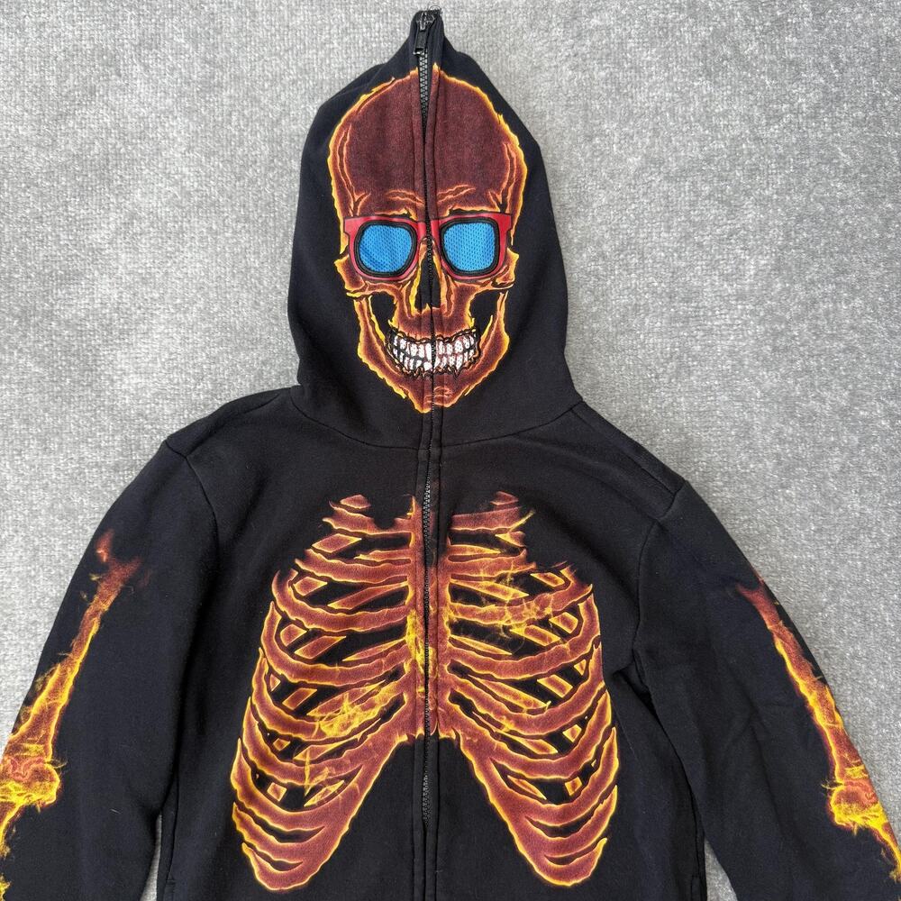 Hawk Hoodie Youth Medium Black Skeleton Flames Full Zip Glow Skull Face Costume - Picture 2 of 7